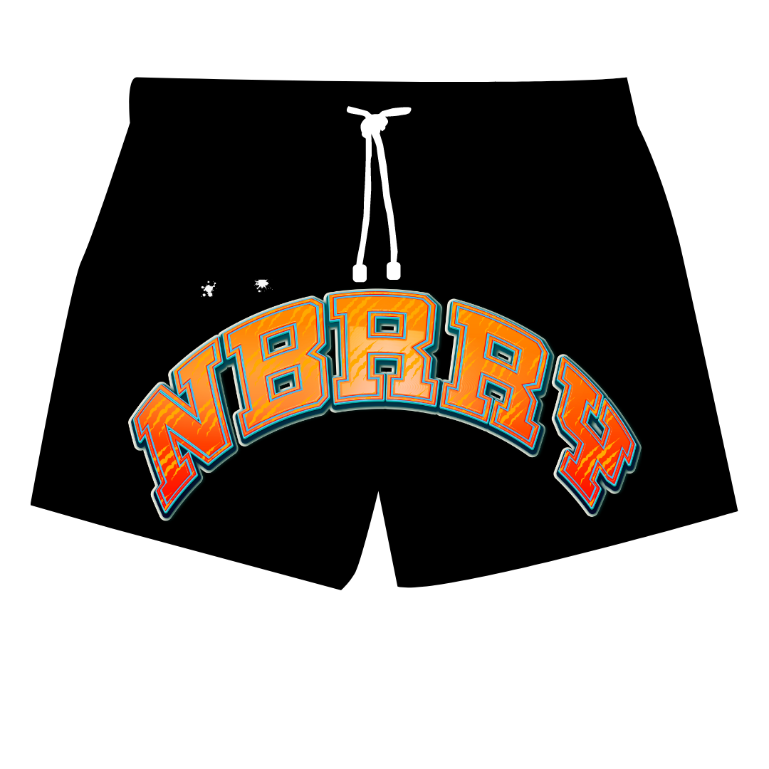 NBRRY Arch Shorts — Black shorts with a flame-gradient NBRRY varsity arch across the front.