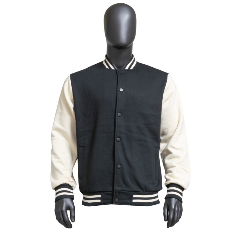 Varsity Jacket — Black / Beige — Classic black body with off-white sleeves and contrast striped collar and cuffs. Custom Junkies Africa apparel portfolio piece.