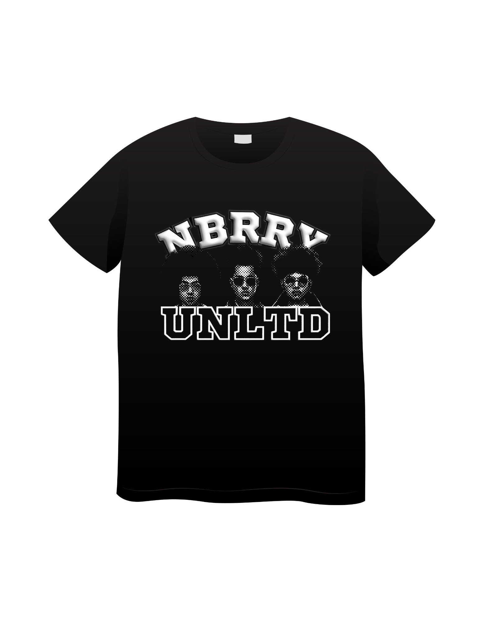 NBRRY UNLTD Tee — Varsity-arch NBRRY UNLTD lettering over a halftone trio graphic on black cotton.