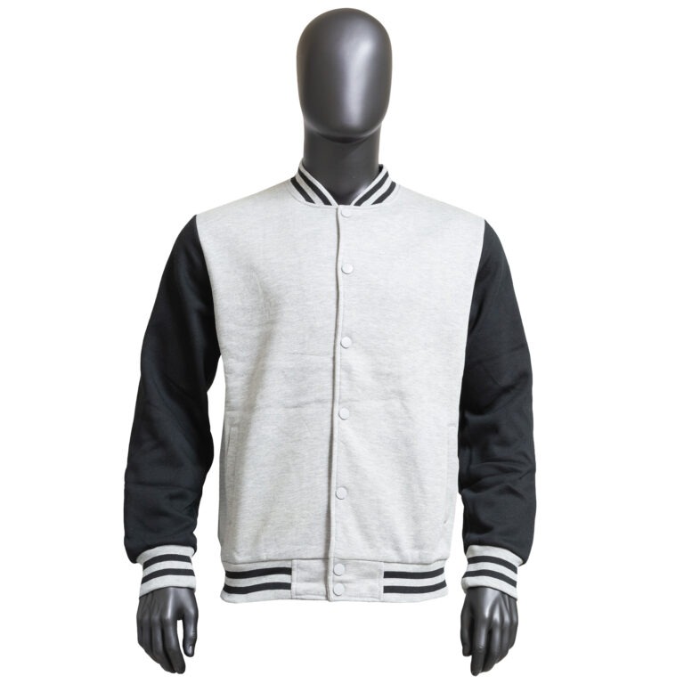Varsity Jacket — Grey / Black — Heather grey body with black sleeves — subtle base that lets artwork pop. Custom Junkies Africa apparel portfolio piece.