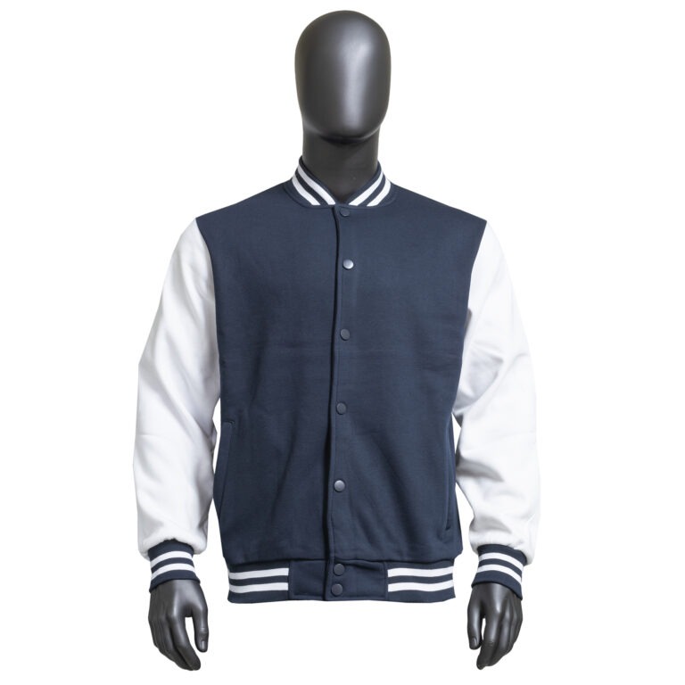 Varsity Jacket — Navy / White — Navy body with white sleeves — the go-to base for team and school drops. Custom Junkies Africa apparel portfolio piece.
