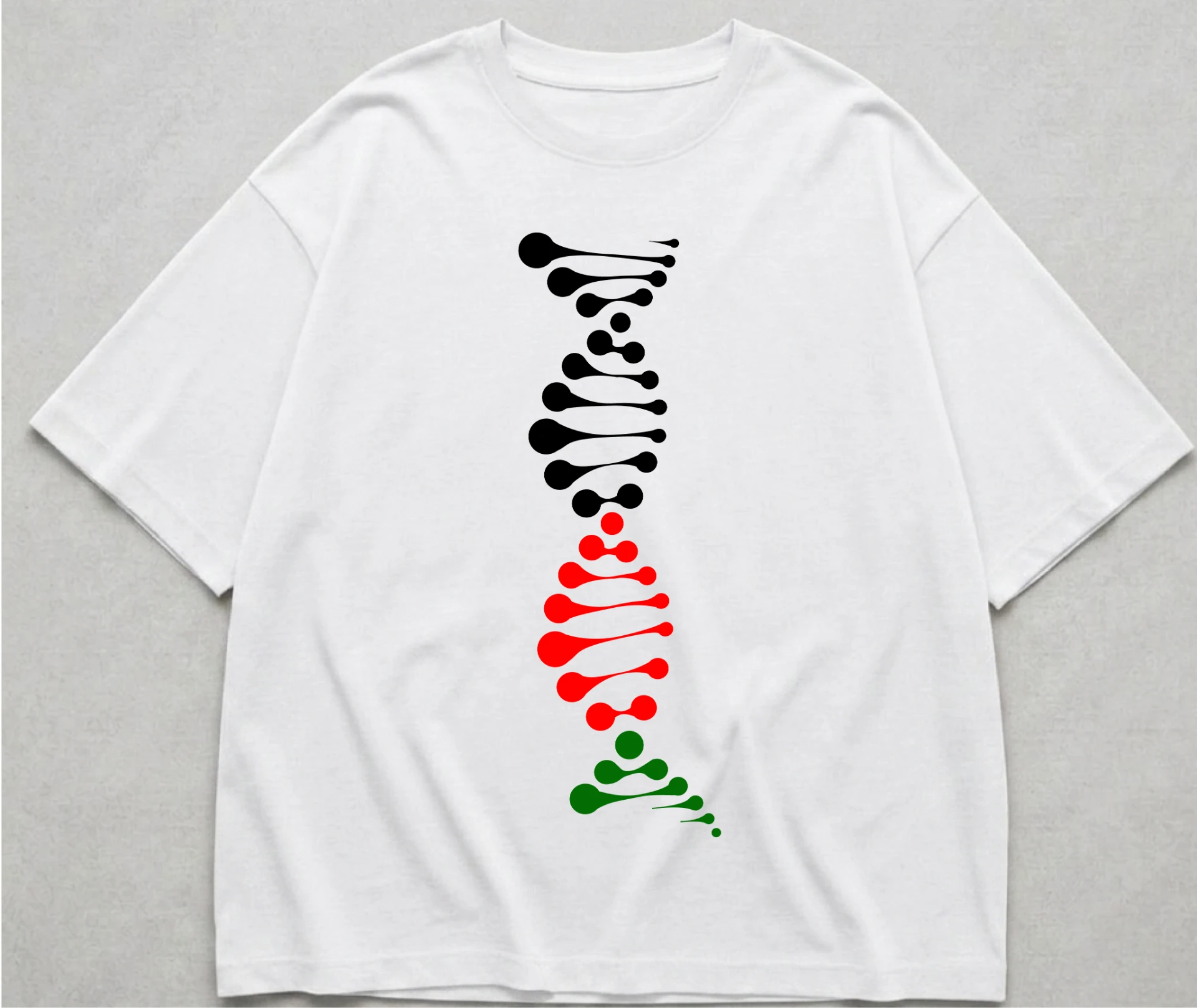 DNA Tee — White oversized tee with a vertical DNA helix graphic in Kenyan flag black, red and green. Custom Junkies Africa 254 collection portfolio piece.
