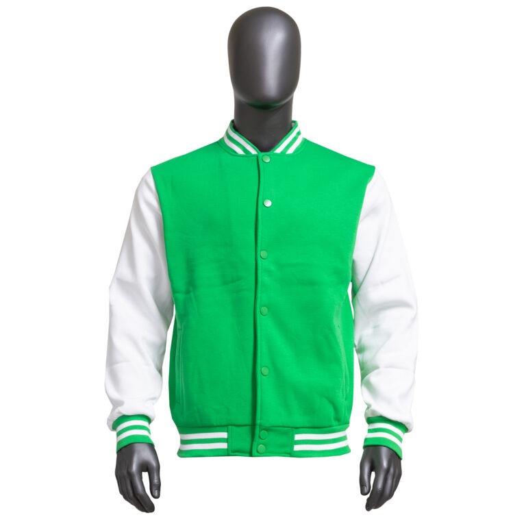 Varsity Jacket — Kelly Green / White — Bright kelly green with crisp white sleeves and matching striped ribbing. Custom Junkies Africa apparel portfolio piece.