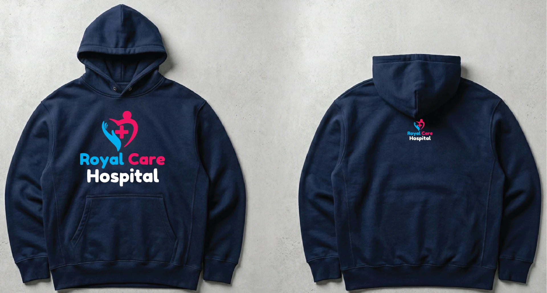 Royal Care Hospital — Custom hoodie design for Royal Care Hospital — front and back branding. Custom Junkies Africa brand collab portfolio piece.