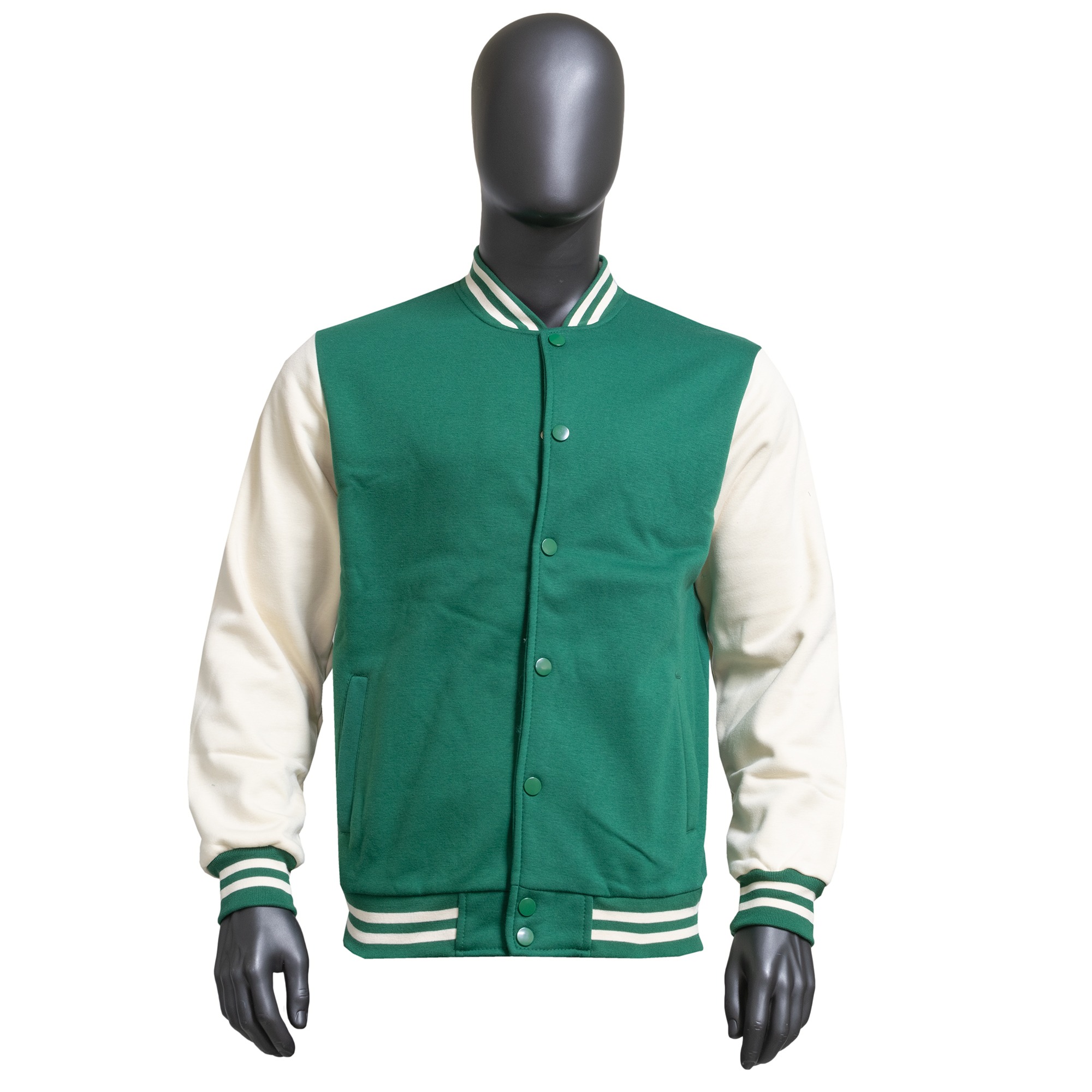 Varsity Jacket — Green / Cream — Deep green body with cream sleeves — a clean base for embroidery or hand-painted art. Custom Junkies Africa apparel portfolio piece.