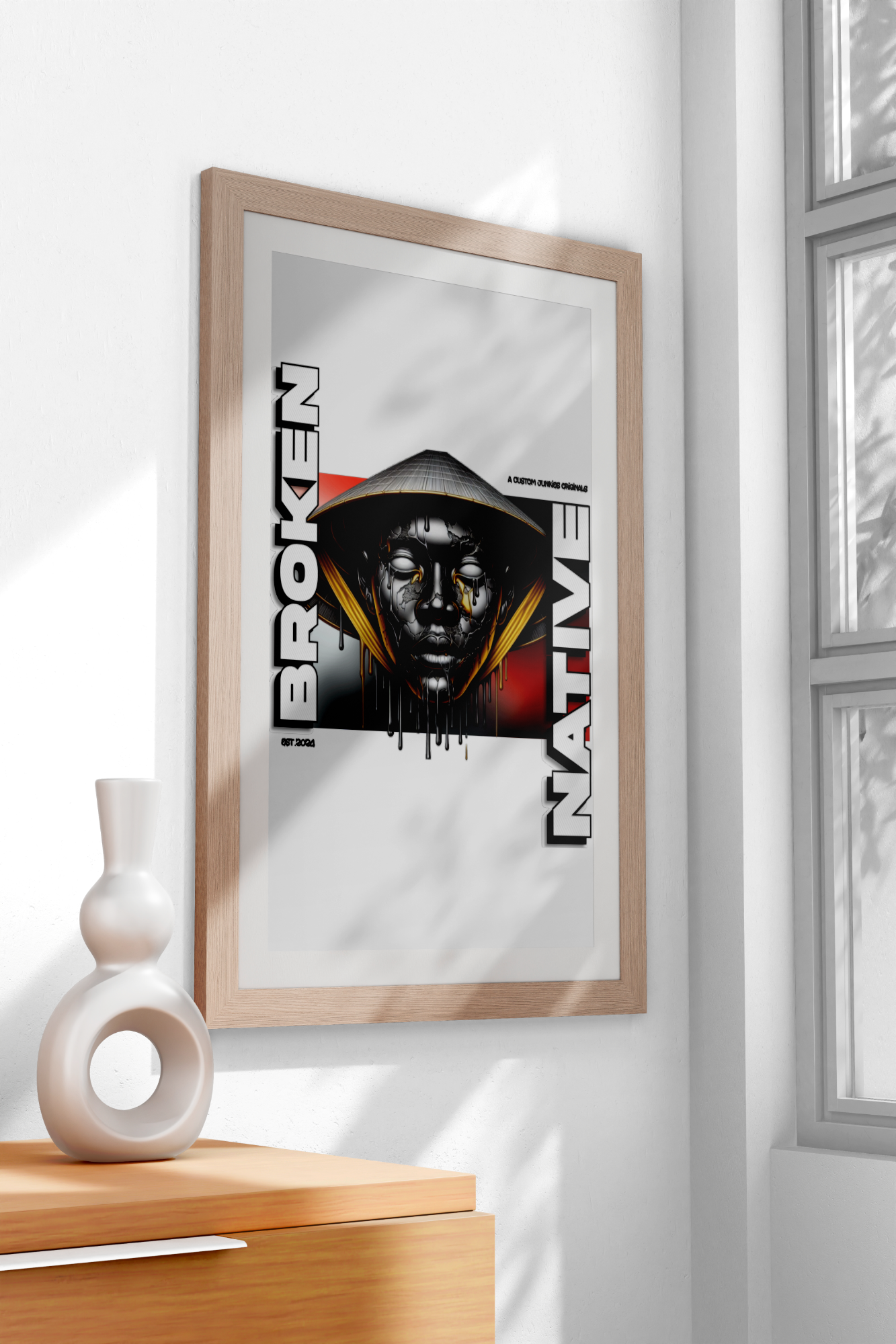 Broken Native Print — Framed Broken Native poster — chrome mask artwork with heavy display typography. Custom Junkies Africa brand collab portfolio piece.