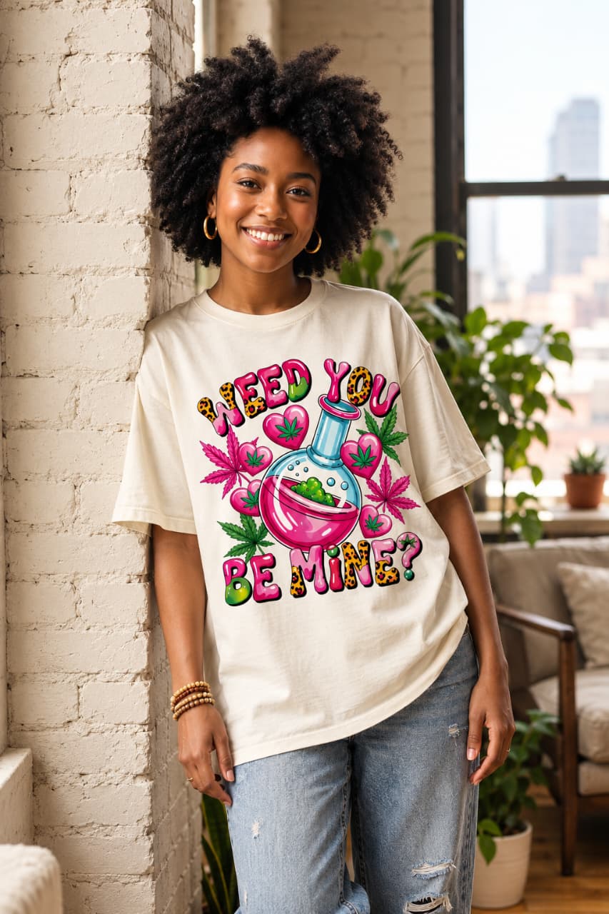 Be Mine Tee — Cream oversized tee with a full-colour cartoon graphic in pink, leopard and green. Custom Junkies Africa custom tees portfolio piece.