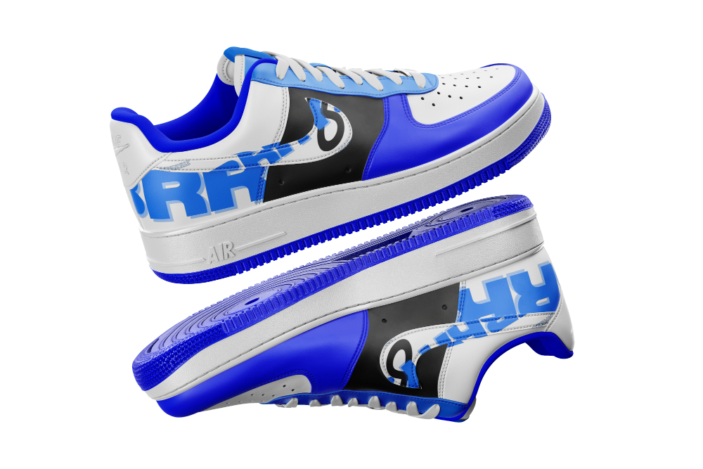 NBRRY Air Force 1 — Custom Air Force 1s in NBRRY blue, black and white with oversized brand lettering.
