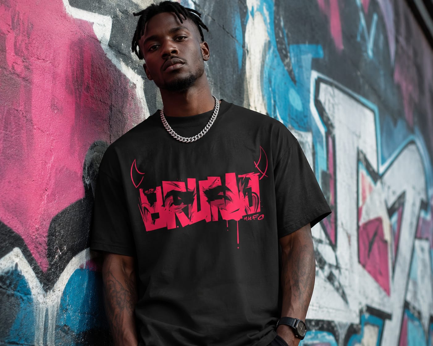 Graffiti Script Tee — Black oversized tee with a magenta graffiti wordmark and spray-drip detailing. Custom Junkies Africa custom tees portfolio piece.