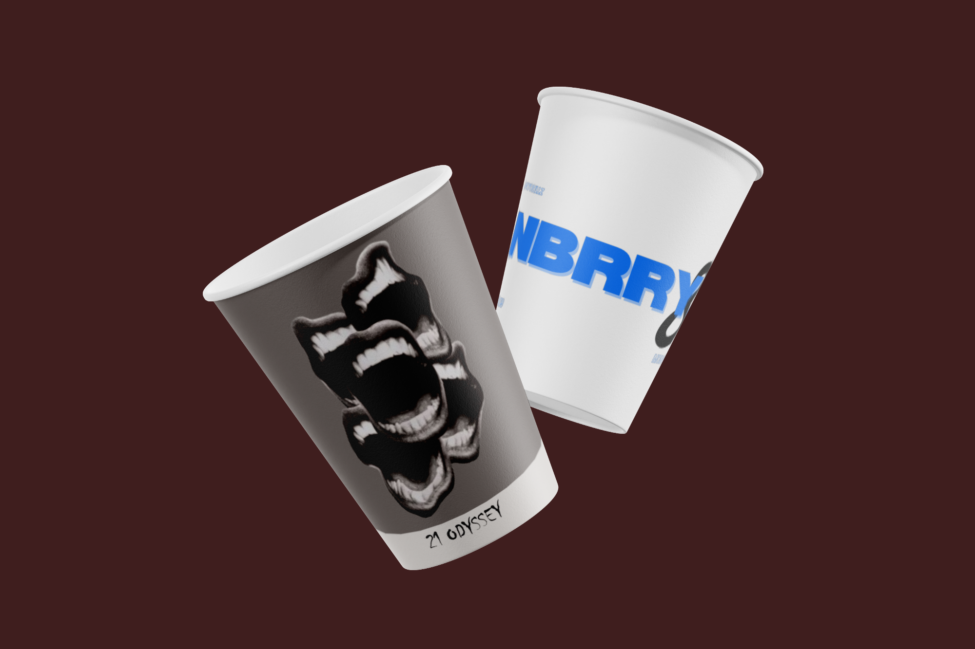 NBRRY x 21 Odyssey Cups — Printed paper cups — NBRRY wordmark and the 21 Odyssey halftone artwork.