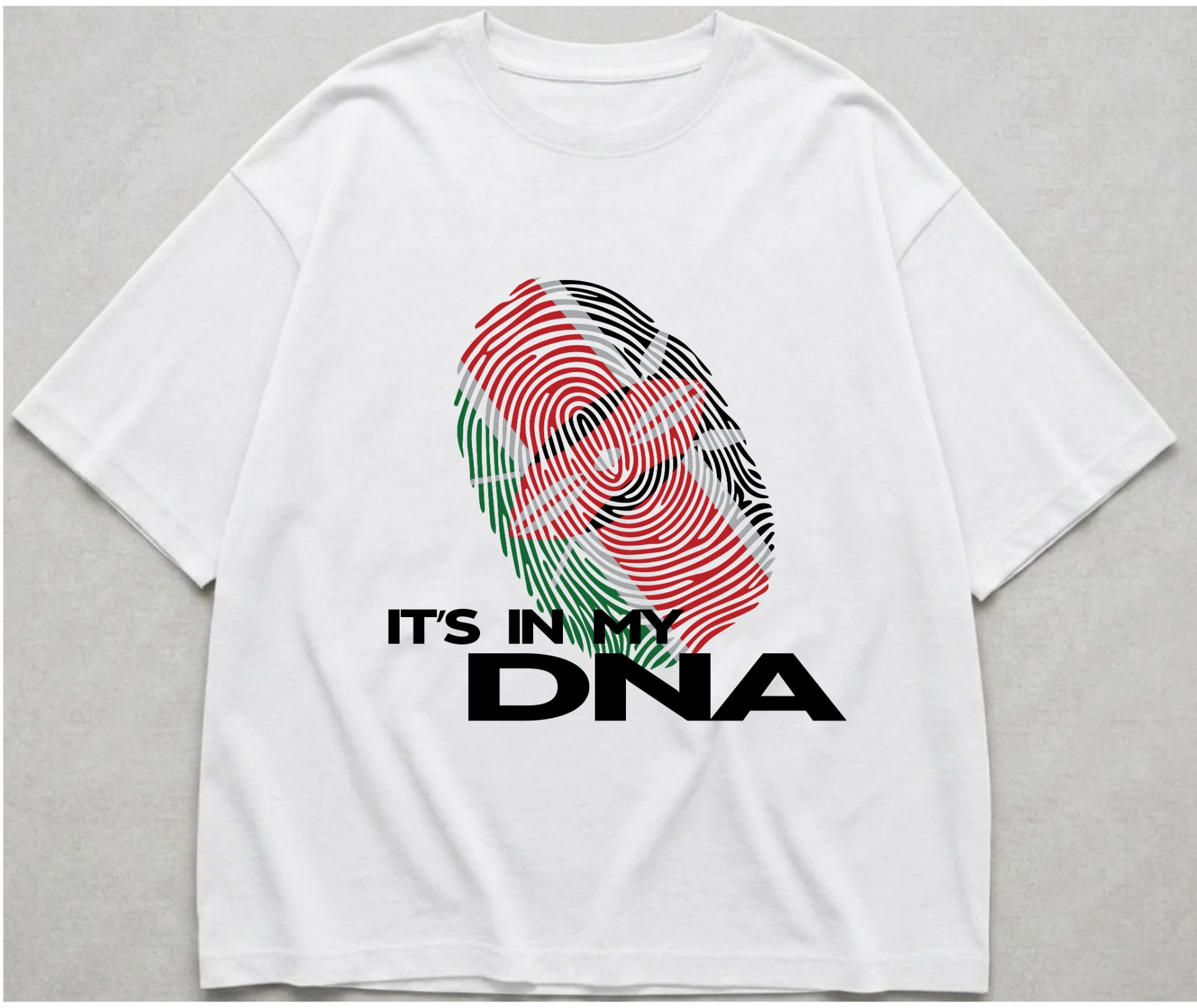 It's In My DNA — Kenyan flag fingerprint print with bold 'IT'S IN MY DNA' lettering on white cotton. Custom Junkies Africa 254 collection portfolio piece.