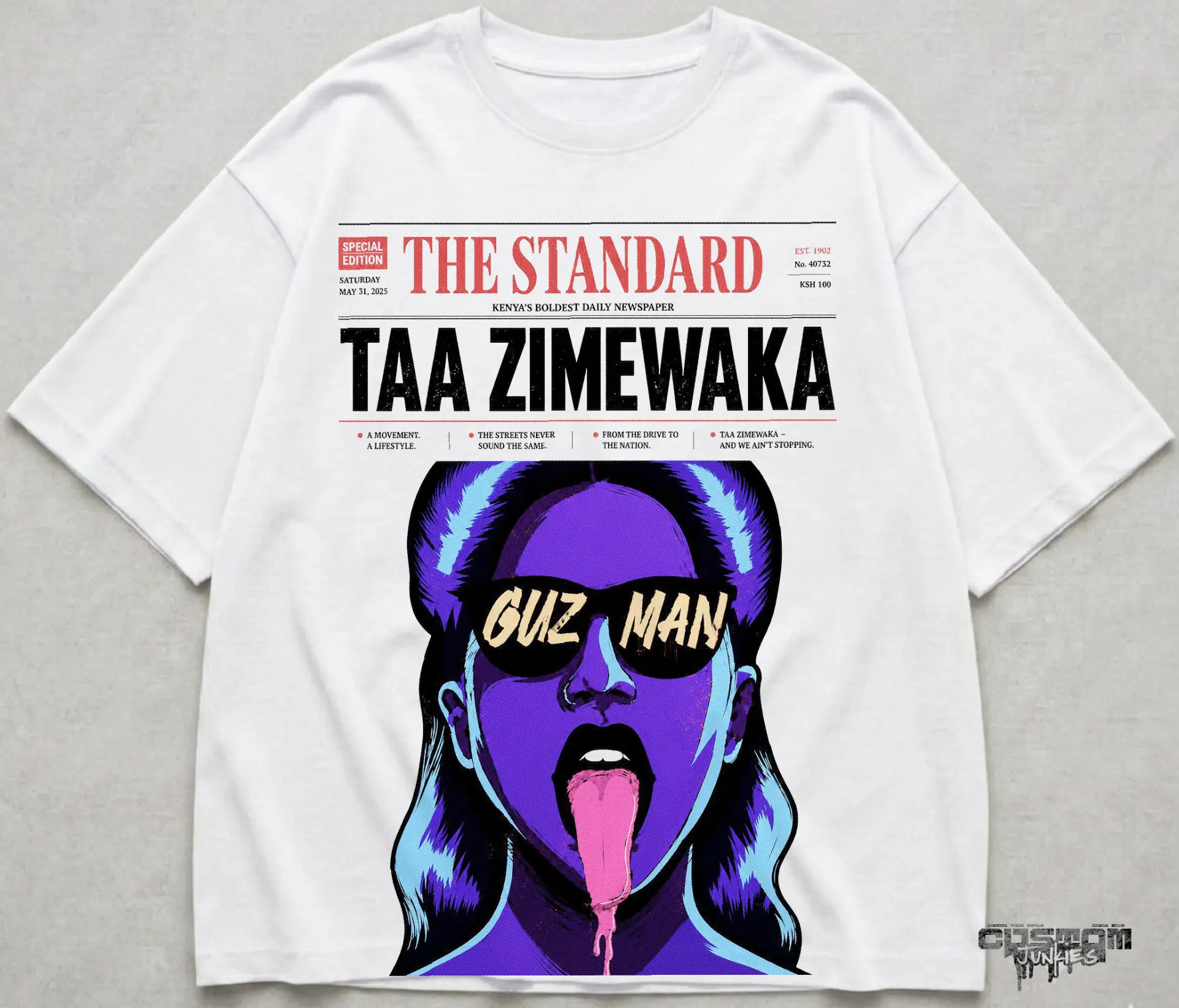 Taa Zimewaka — Bold graphic tee with custom hand-drawn character art and lettering. Custom Junkies Africa apparel portfolio piece.