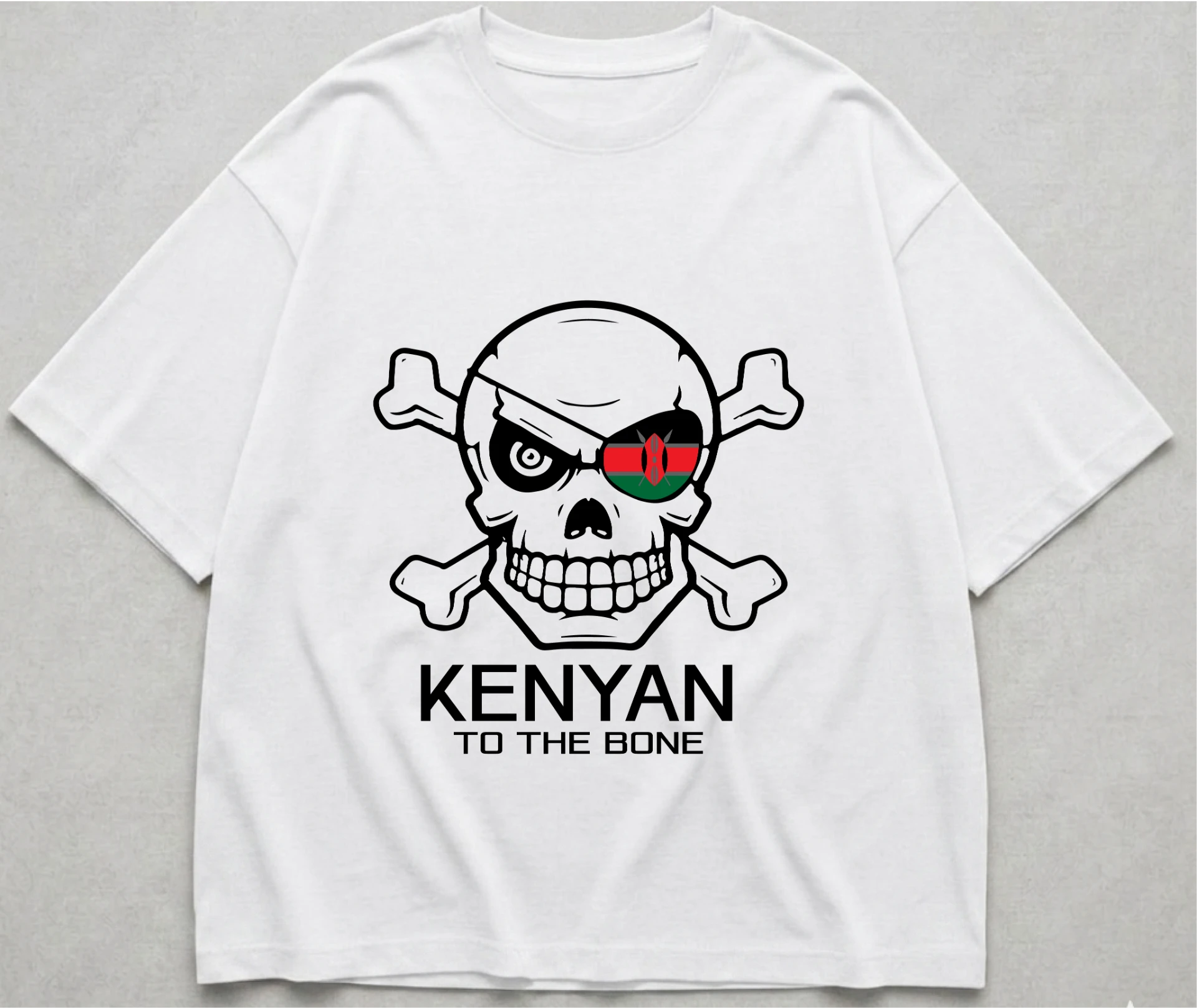 Kenyan To The Bone — Skull and crossbones with a Kenyan flag eye patch and 'KENYAN TO THE BONE' type. Custom Junkies Africa 254 collection portfolio piece.