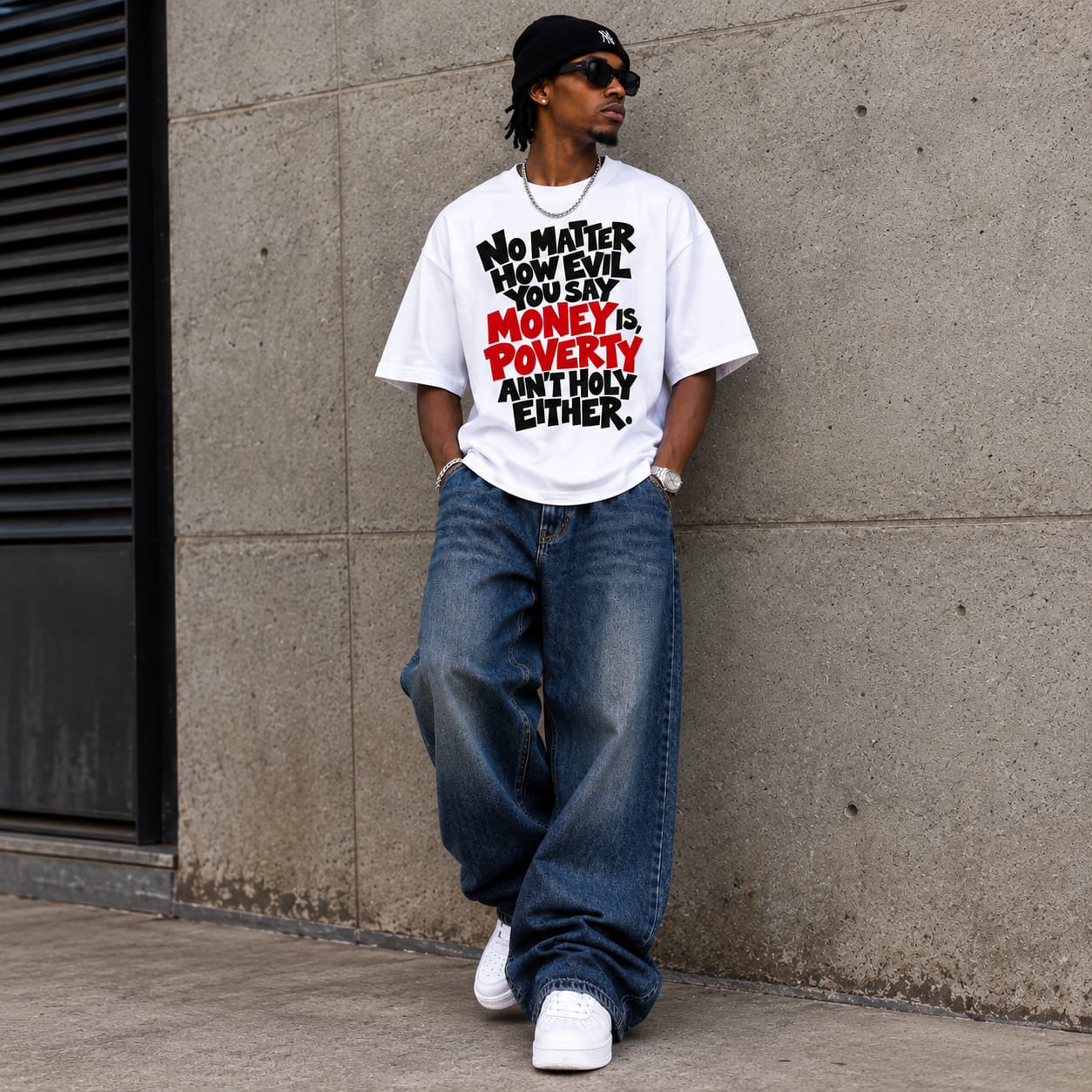 Poverty Ain't Holy Tee — White oversized tee with bold statement typography in black and red, worn on the street. Custom Junkies Africa custom tees portfolio piece.