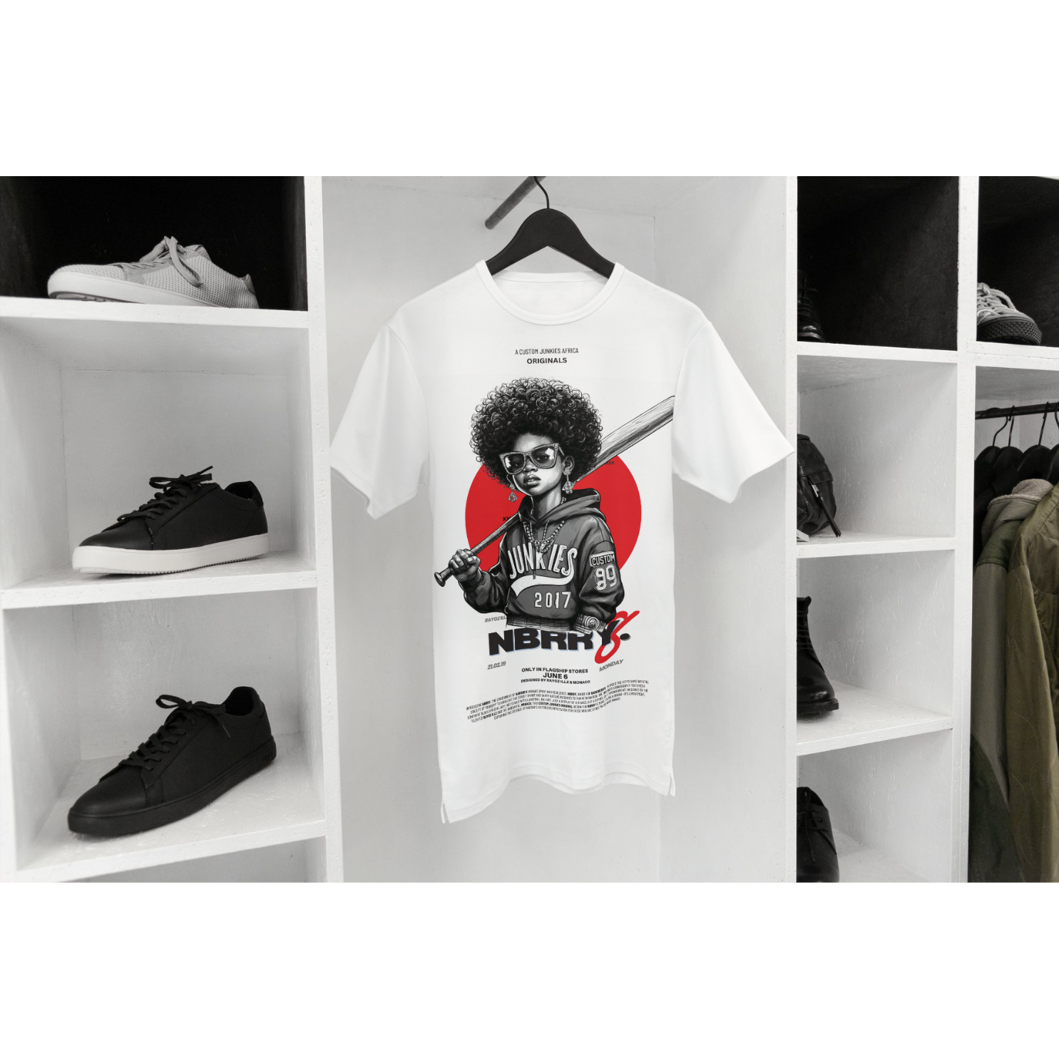 NBRRY Originals Tee — Custom Junkies Africa Originals drop tee — illustrated character art with the red sun motif.