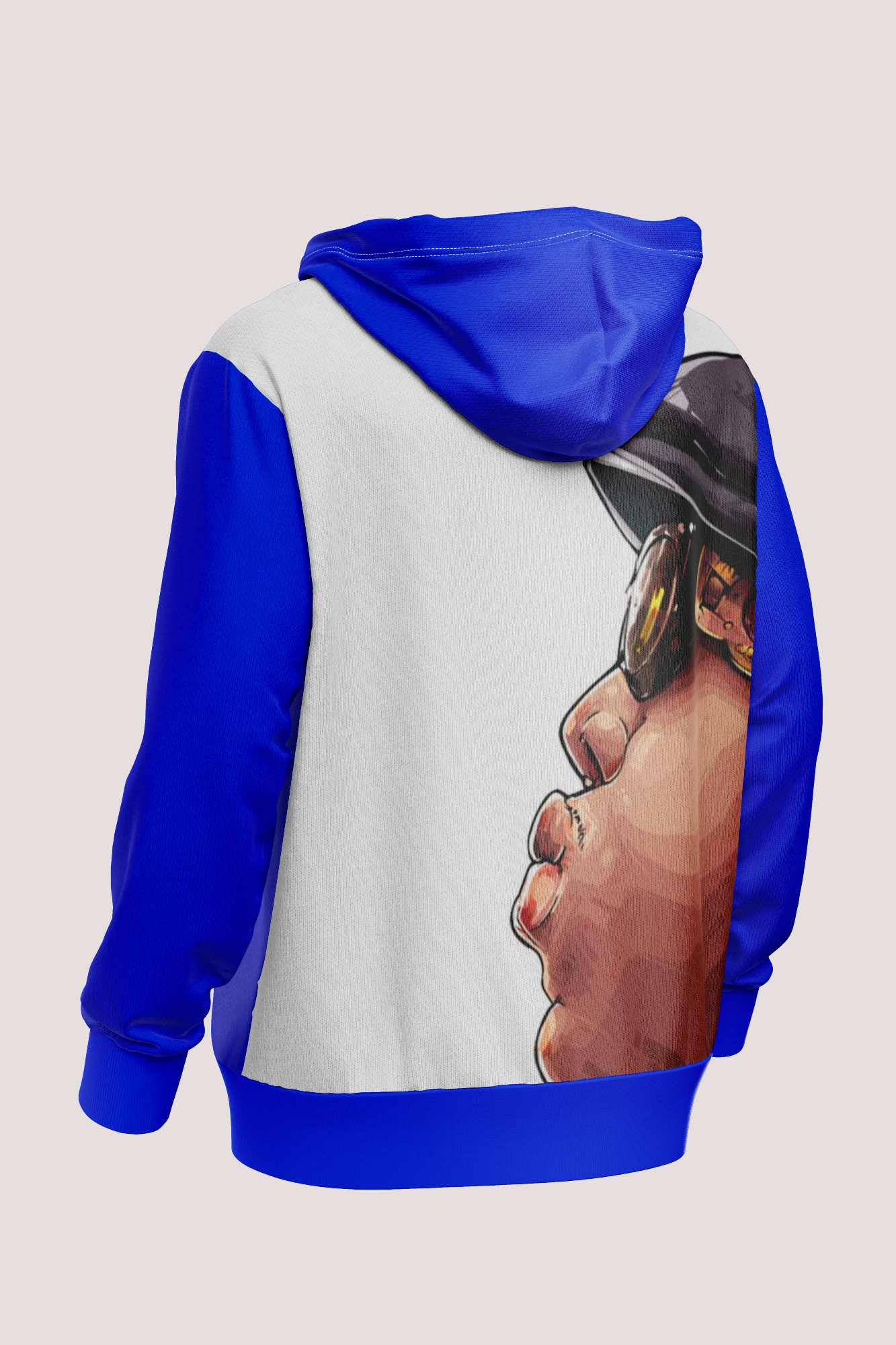 NBRRY Hoodie — Royal blue and white colour-block hoodie with wraparound illustrated portrait art.