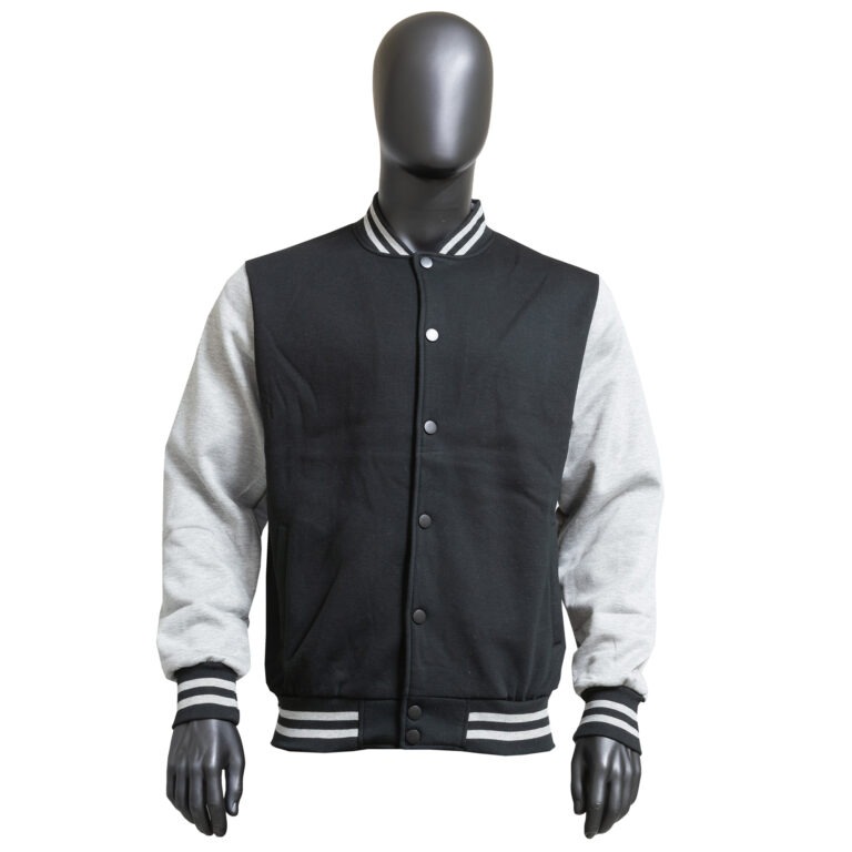 Varsity Jacket — Black / Grey — Black body with heather grey sleeves and black-and-white striped ribbing. Custom Junkies Africa apparel portfolio piece.