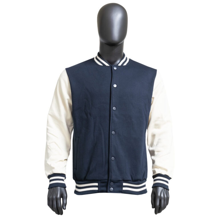 Varsity Jacket — Navy / Cream — Navy body with cream sleeves — vintage-leaning colourway for custom lettering. Custom Junkies Africa apparel portfolio piece.