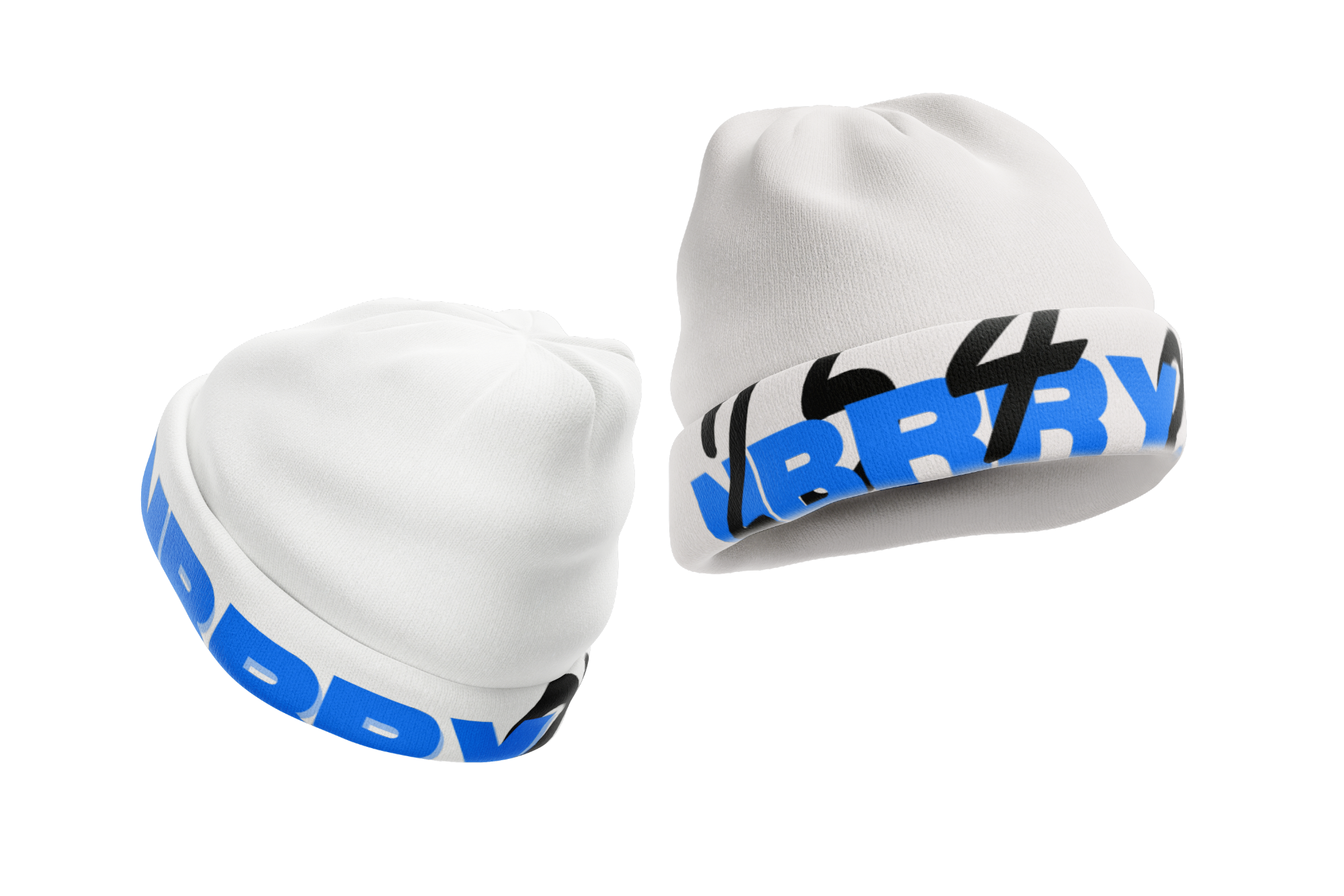 NBRRY Beanie — White cuffed beanie with the blue and black NBRRY wordmark wrapped around the band.