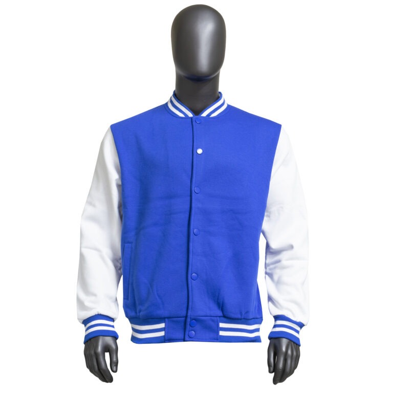 Varsity Jacket — Royal / White — Royal blue body with white sleeves and bold striped trim. Custom Junkies Africa apparel portfolio piece.