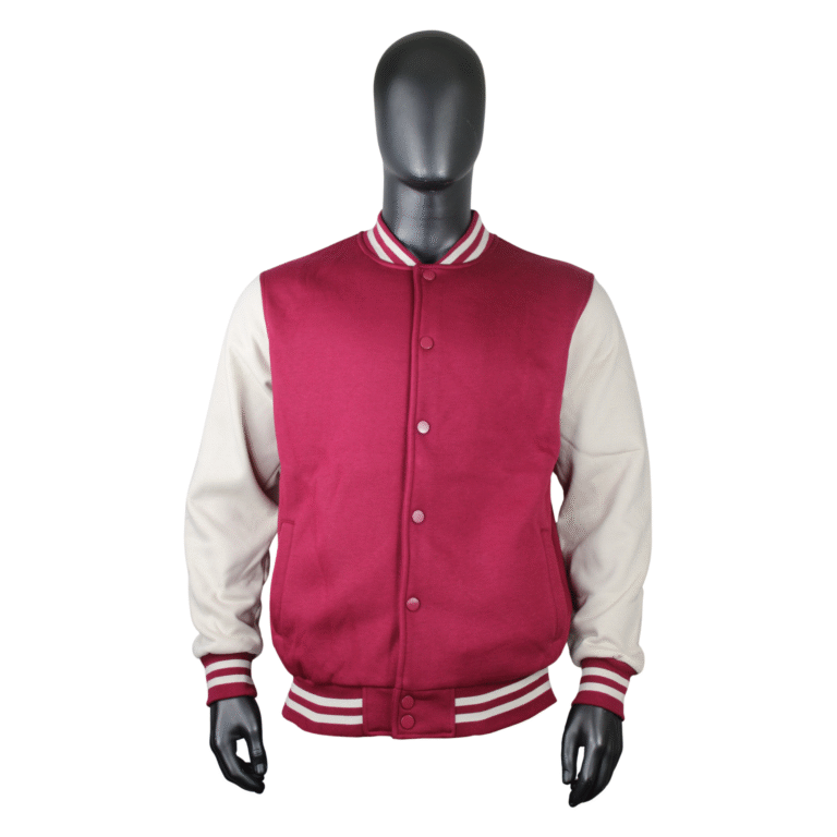 Varsity Jacket — Berry / Cream — Berry pink body with cream sleeves and striped rib trim — ready for custom paint or print. Custom Junkies Africa apparel portfolio piece.