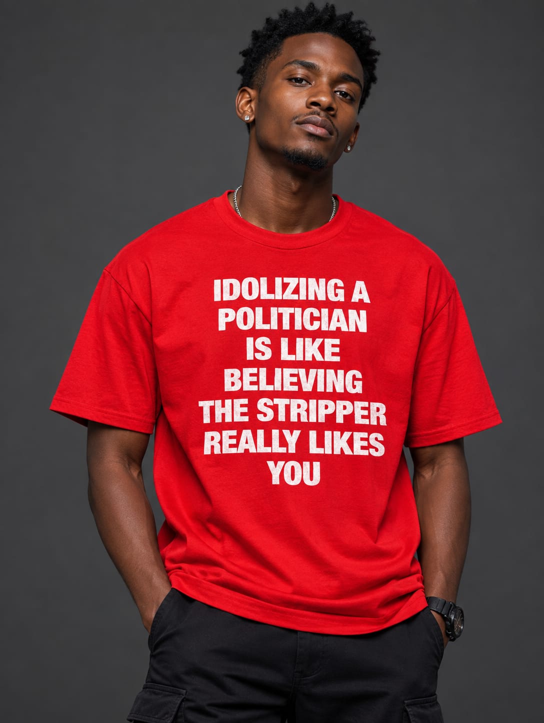 Statement Tee — Red — Heavyweight red tee with a bold white statement print, centred and condensed. Custom Junkies Africa custom tees portfolio piece.