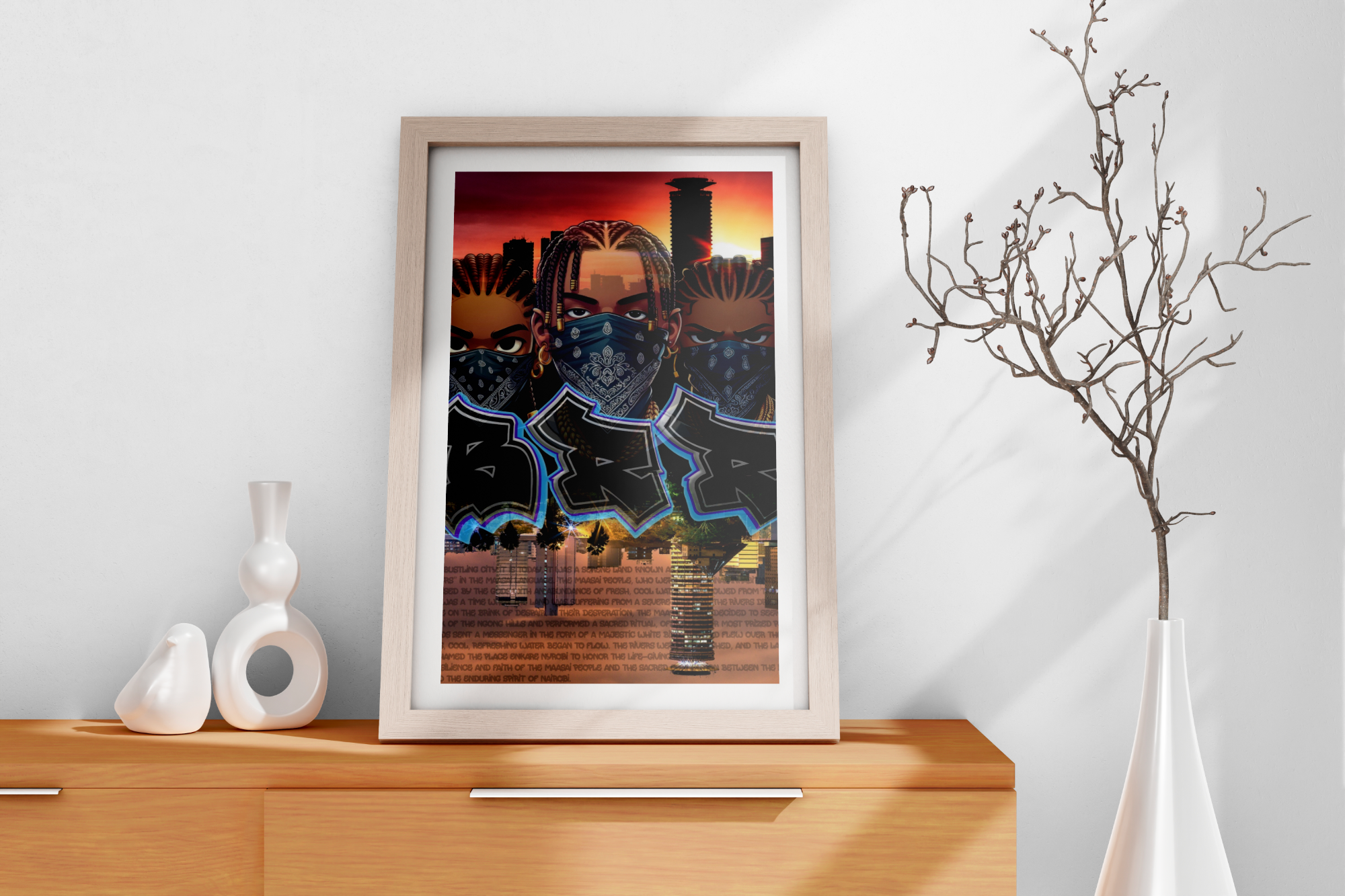 NBRRY Framed Poster — Framed art print — bandana trio over a Nairobi skyline sunset with graffiti lettering.