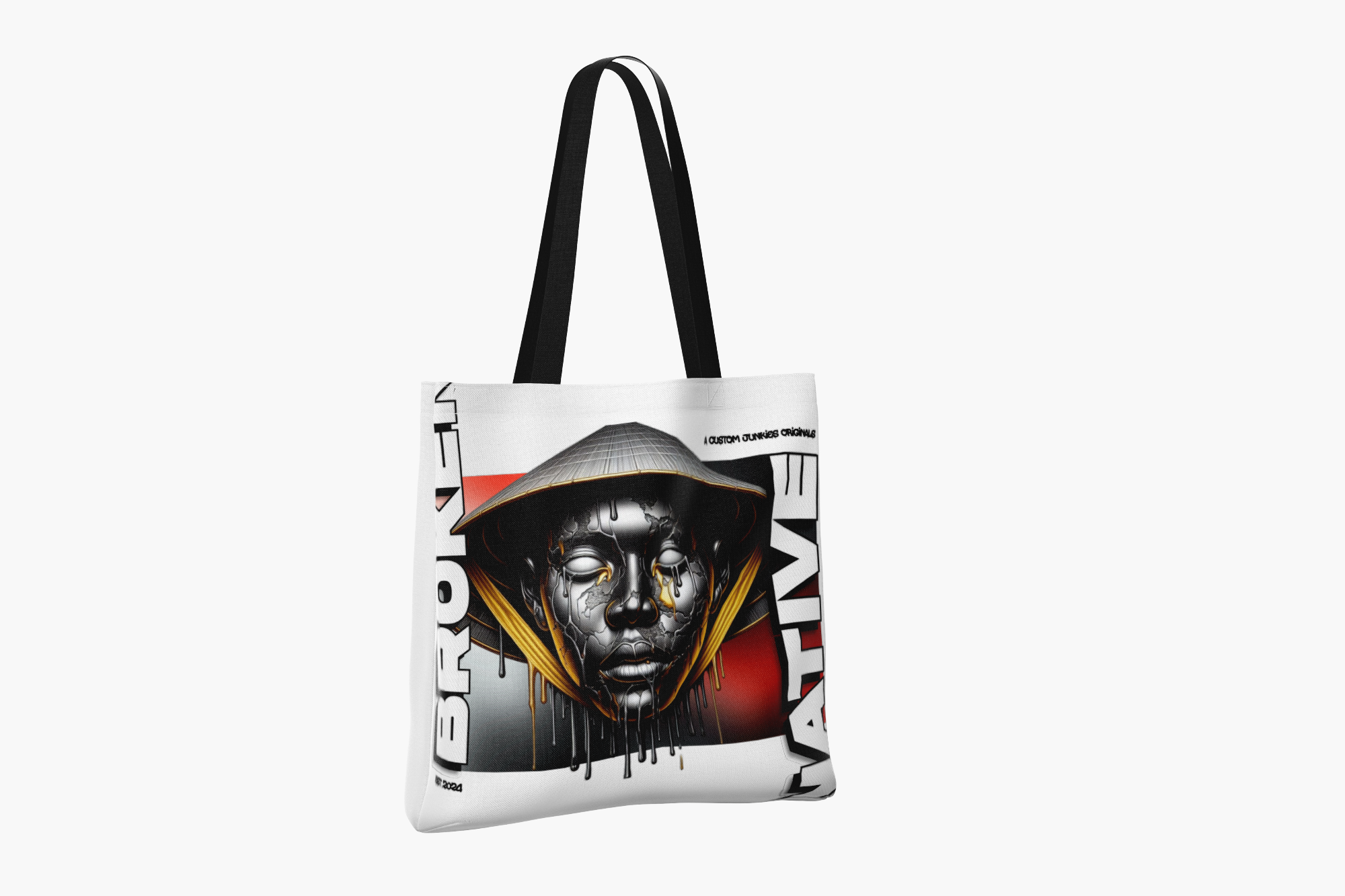 Broken Native Tote — Canvas tote printed with the Broken Native chrome mask graphic. Custom Junkies Africa brand collab portfolio piece.
