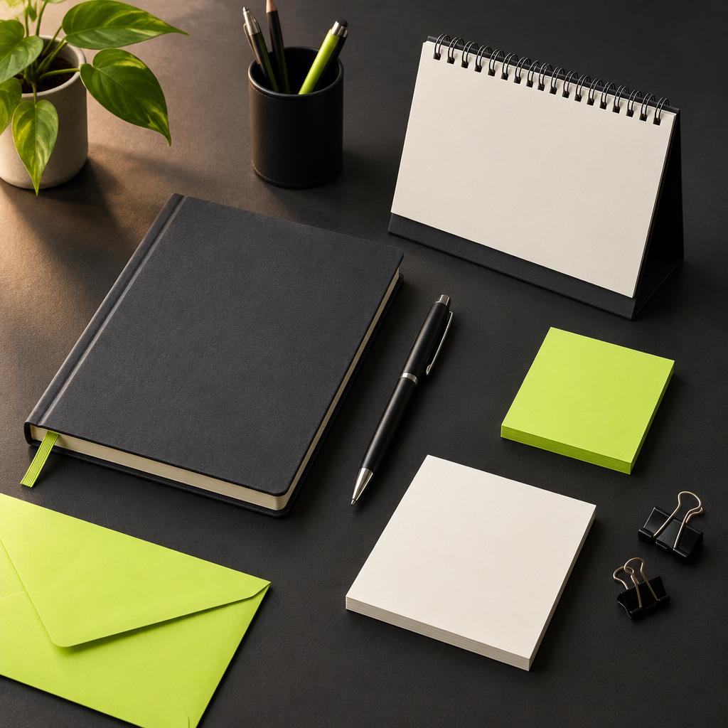 Sample unbranded notebooks and desk stationery