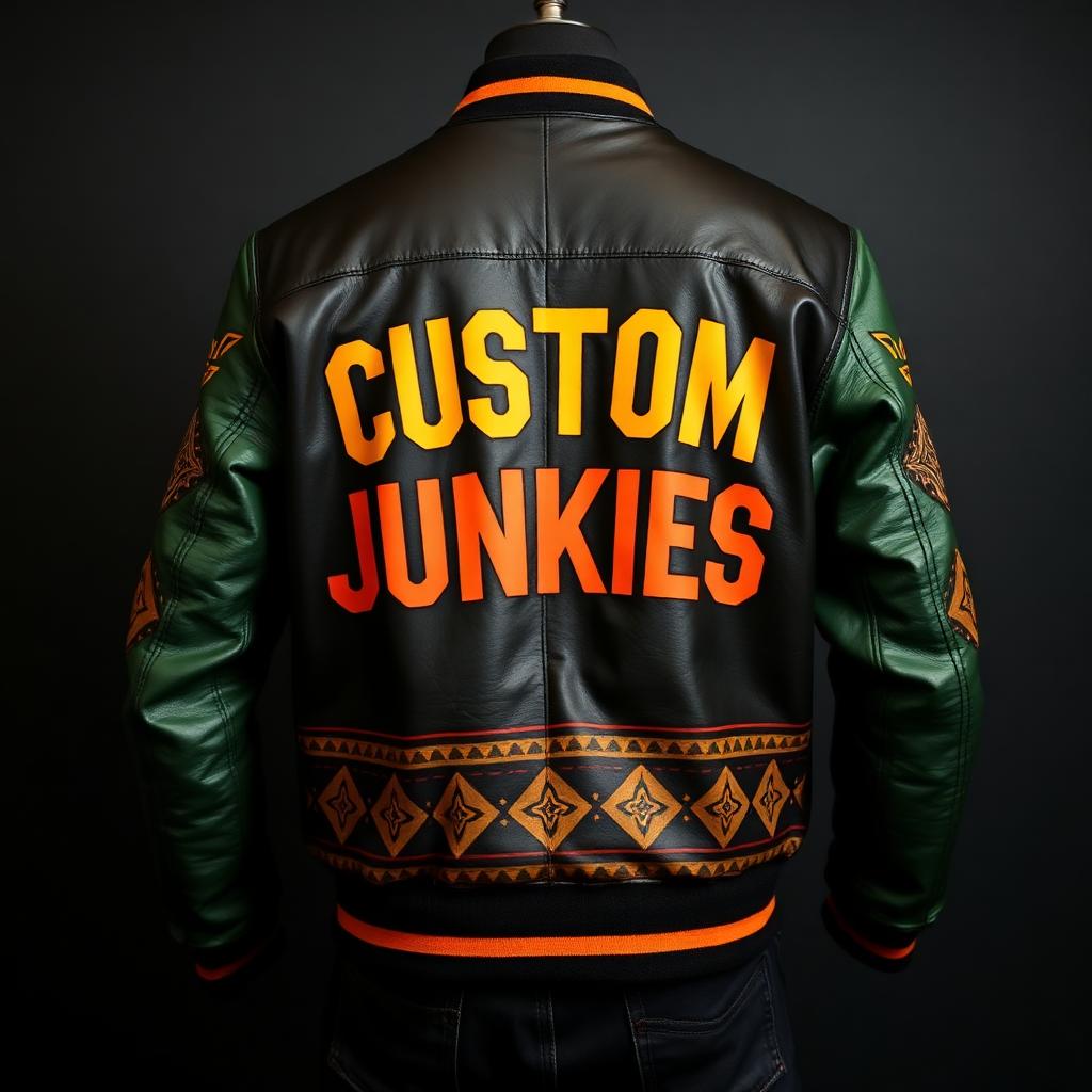 Junkies Varsity — Signature varsity jacket — Custom Junkies house colors and Adinkra-inspired trim. Custom Junkies Africa apparel portfolio piece.